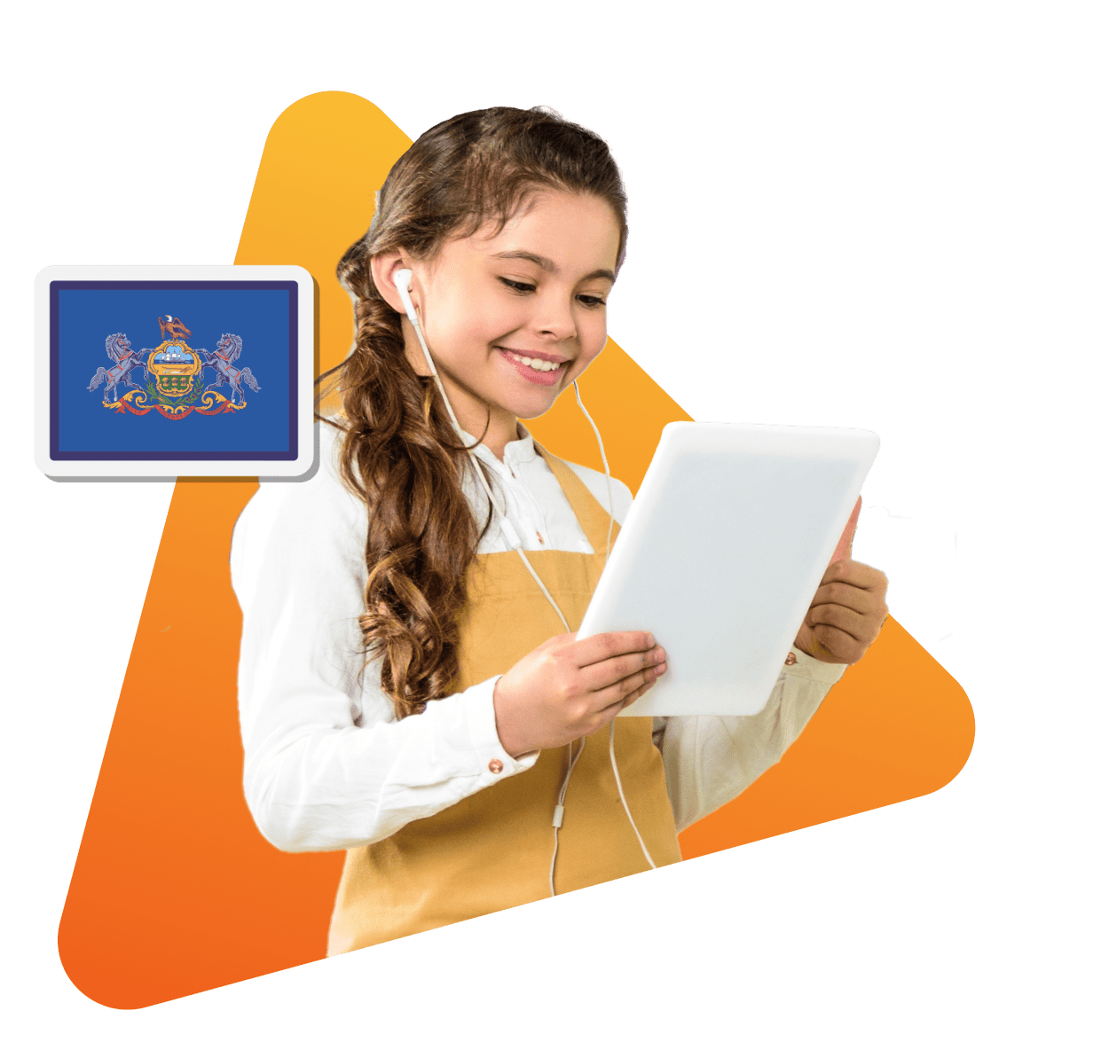 A girl in a yellow apron holds a tablet displaying the state flag, showcasing her pride and engagement with local culture.