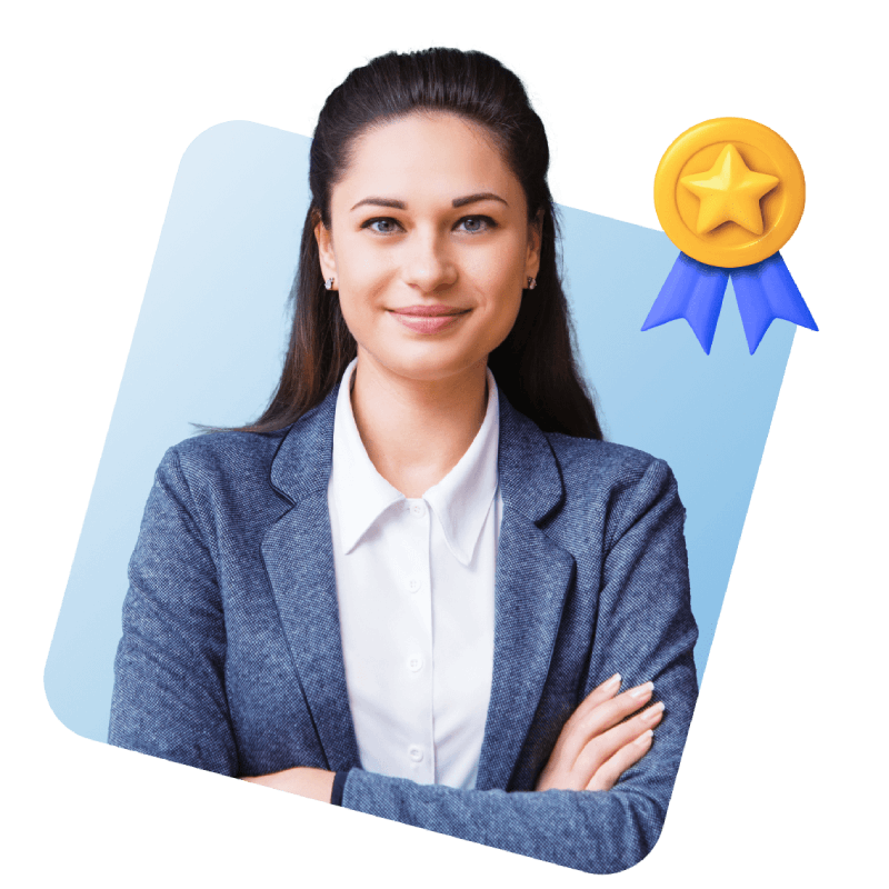 A professional woman in a business suit proudly displays a gold star badge on her lapel.