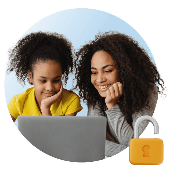 Two young girls focused on a laptop, with a padlock symbolizing security and privacy in their online activities.