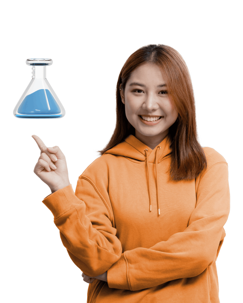 A woman is holding a flask filled with a vibrant blue liquid, showcasing her curiosity and scientific exploration.