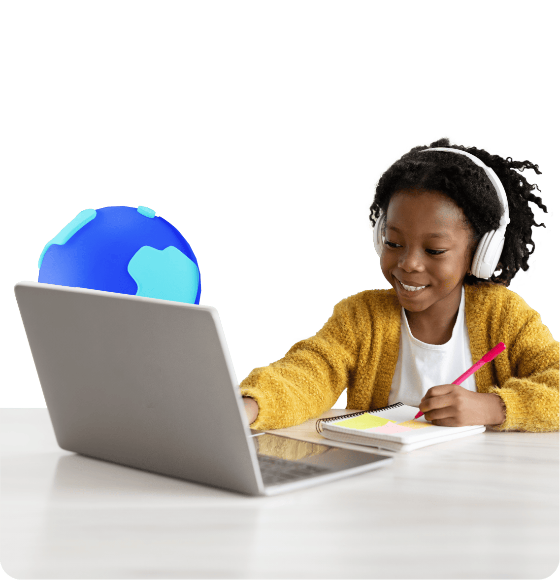 A girl wearing headphones is focused on her laptop, engaged in an online activity or study session.
