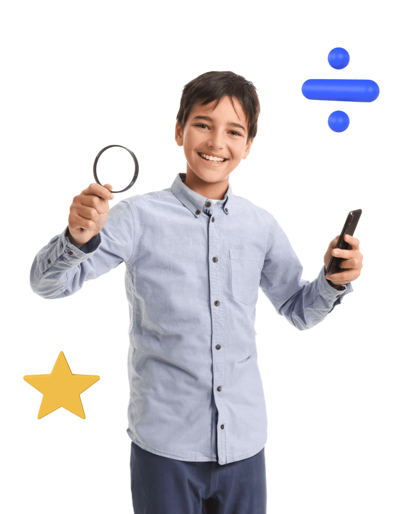 A young boy examines a star through a magnifying glass, showcasing curiosity and wonder in his expression.