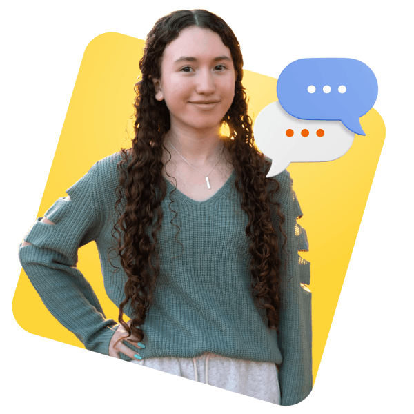 A girl with curly hair is depicted alongside a speech bubble, suggesting she is engaged in conversation or expressing thoughts.