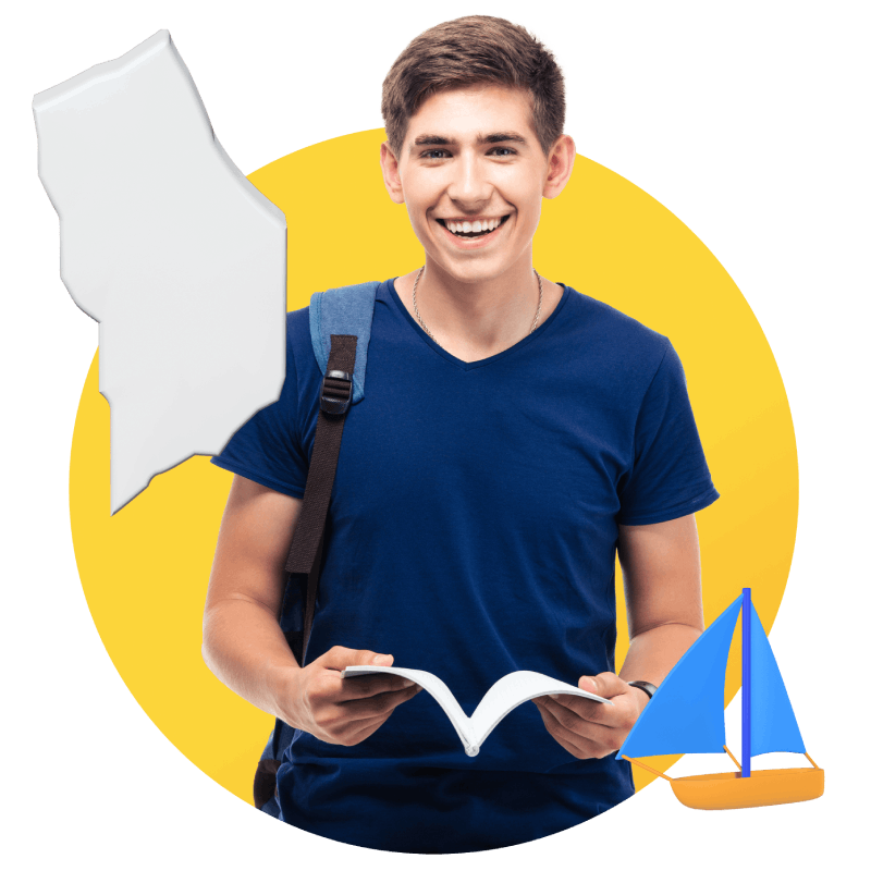 A cheerful man holds a book in one hand and a map in the other, exuding enthusiasm and curiosity.