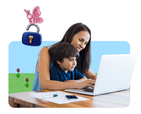 A child and mother sitting together, focused on a laptop, sharing a moment of learning and connection.