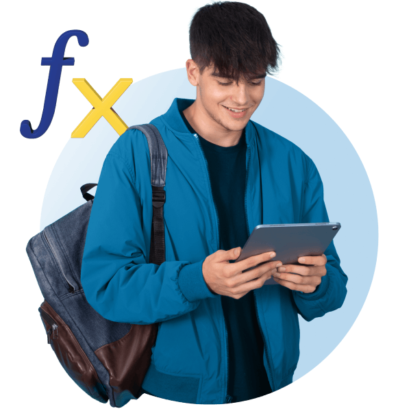 A student engaged with a tablet displaying the fx symbol, focused on learning and technology integration in education.