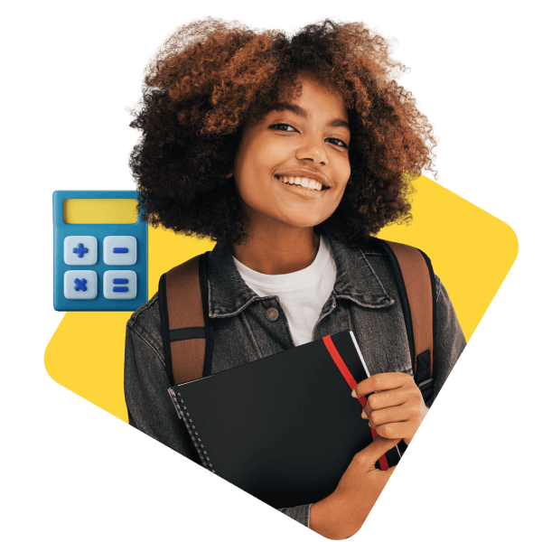 A girl using a calculator while taking notes in her notebook, focused on her studies.
