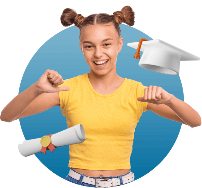 A girl in a yellow shirt proudly holds up her diploma, celebrating her academic achievement with a bright smile.