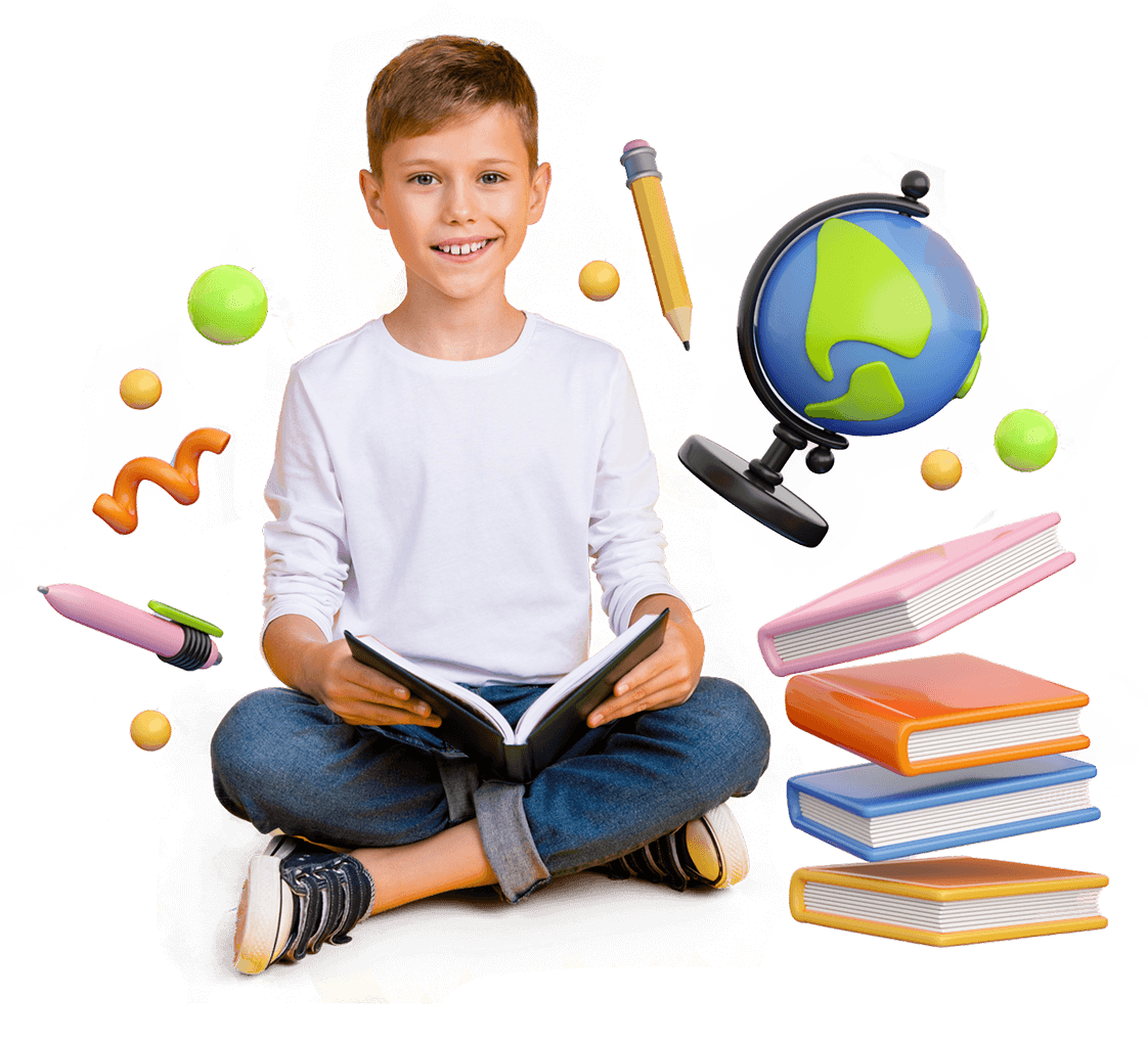 A boy sits on the floor surrounded by books and a globe, engaged in learning and exploration.