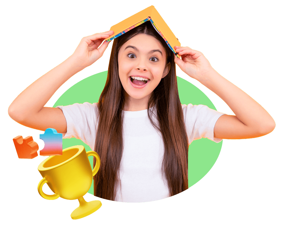 A young girl proudly holds a book in one hand and a trophy in the other, showcasing her achievements and love for reading.
