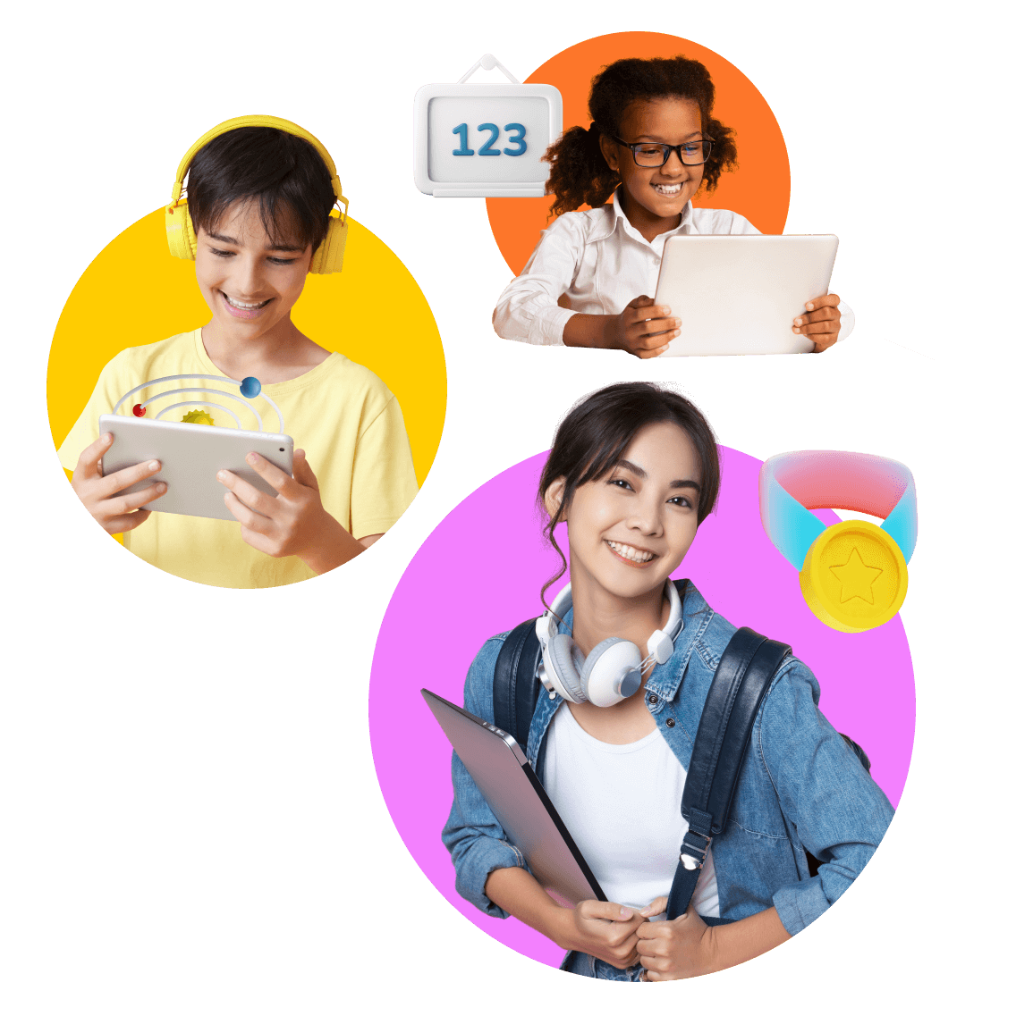 Three children engaged with laptops and headphones, focused on their screens in a collaborative learning environment.