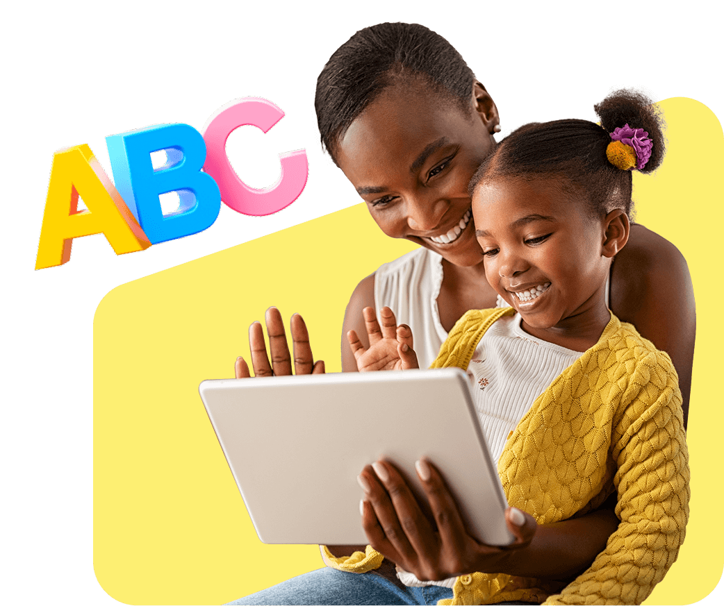 A woman and a child are engaged with an ABC tablet, exploring educational content together.