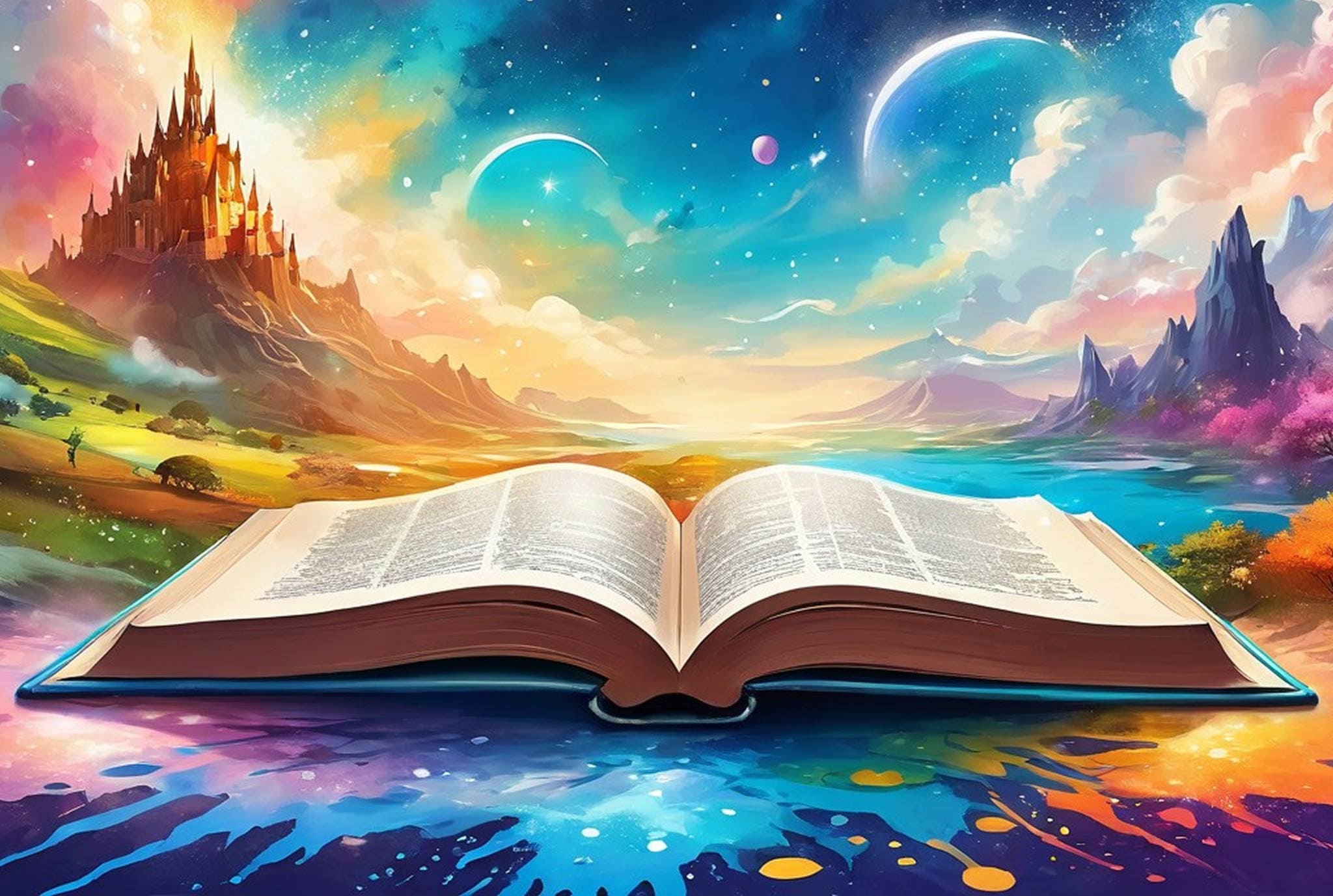An open book sits atop a colorful landscape, with vibrant hues splashing out. A fantastical castle and mountains are under a starry sky with planets.