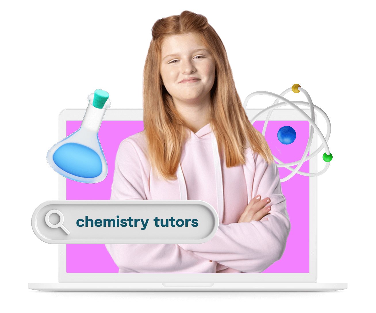 Teen girl in a pink hoodie stands confidently with crossed arms in front of a laptop. A search bar says "chemistry tutors." Atom and flask graphics surround her.