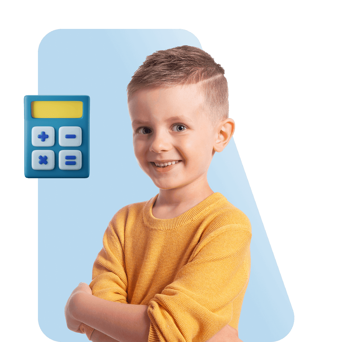 A smiling young boy in a yellow sweater stands confidently with arms crossed. A graphic blue calculator with math symbols is on the left. The background is light blue, creating a cheerful and educational tone.
