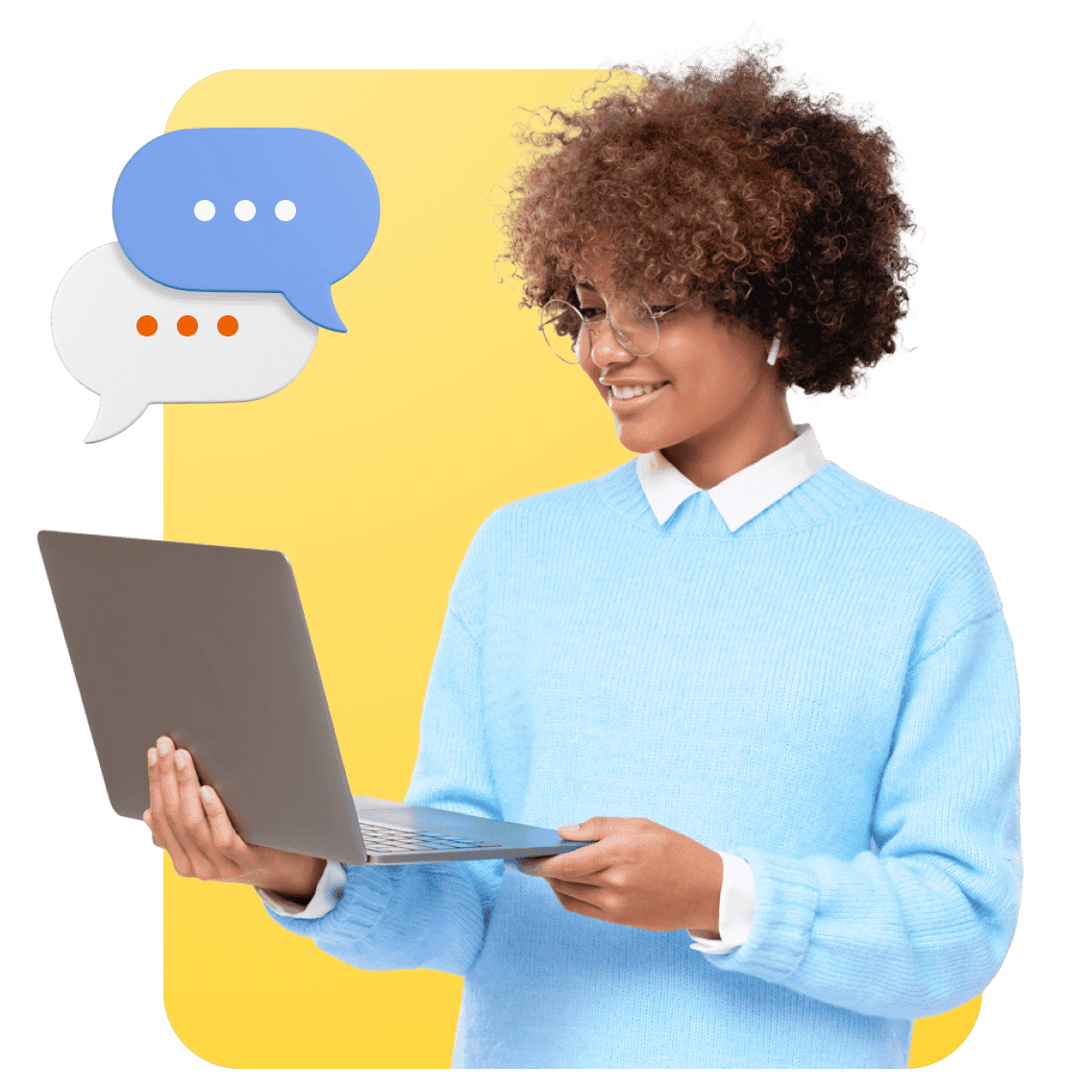Smiling person in a blue sweater holds a laptop, with chat bubbles in the background. The tone is positive and engaging, set against a yellow backdrop.