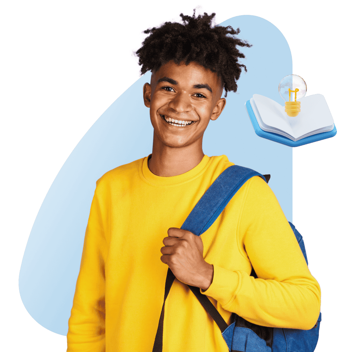 Smiling young person in a yellow sweater holds a blue backpack. A floating book with a lightbulb appears beside him, symbolizing ideas and learning.