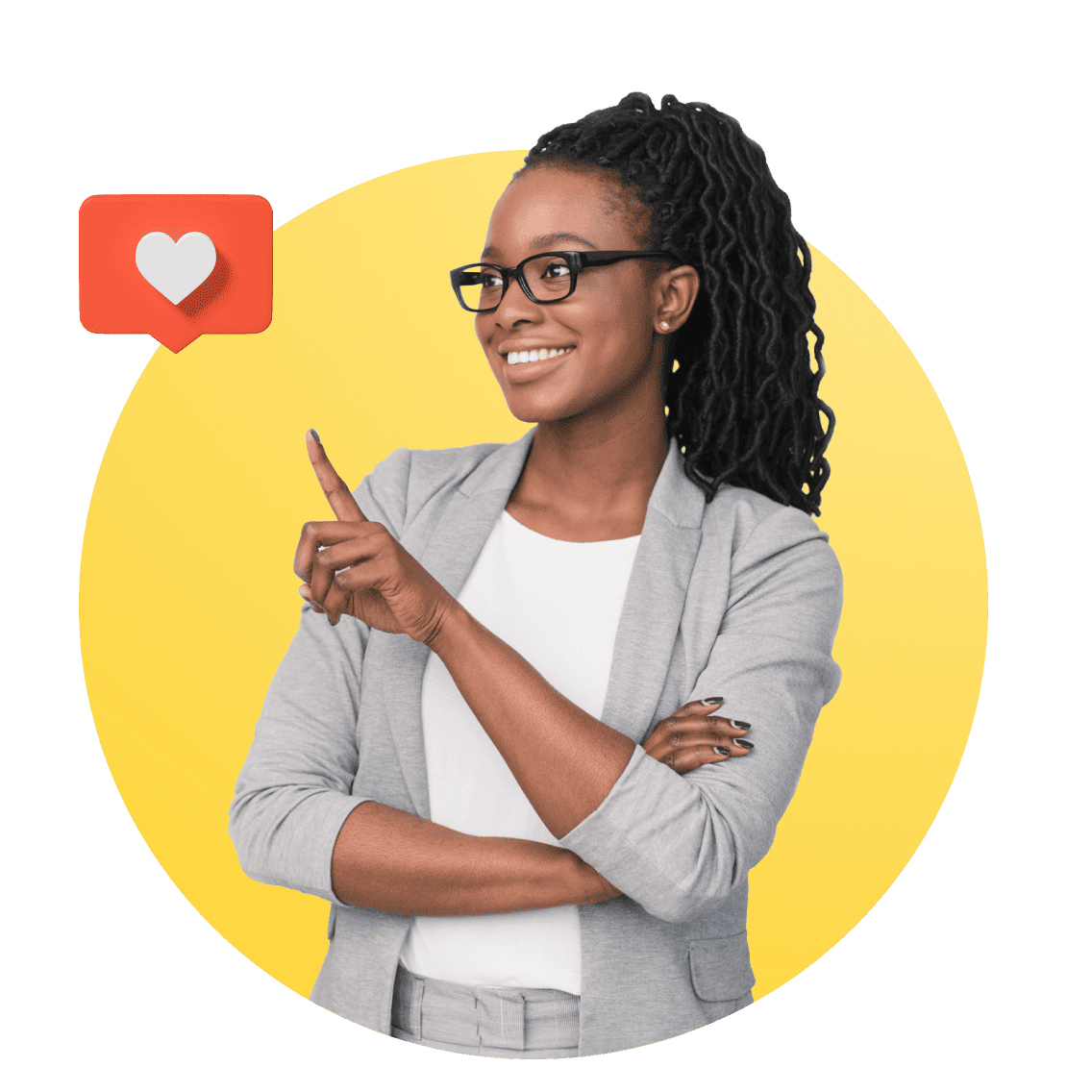 A woman in a gray blazer smiles confidently, pointing at a floating heart icon. She stands against a bright yellow circle background.