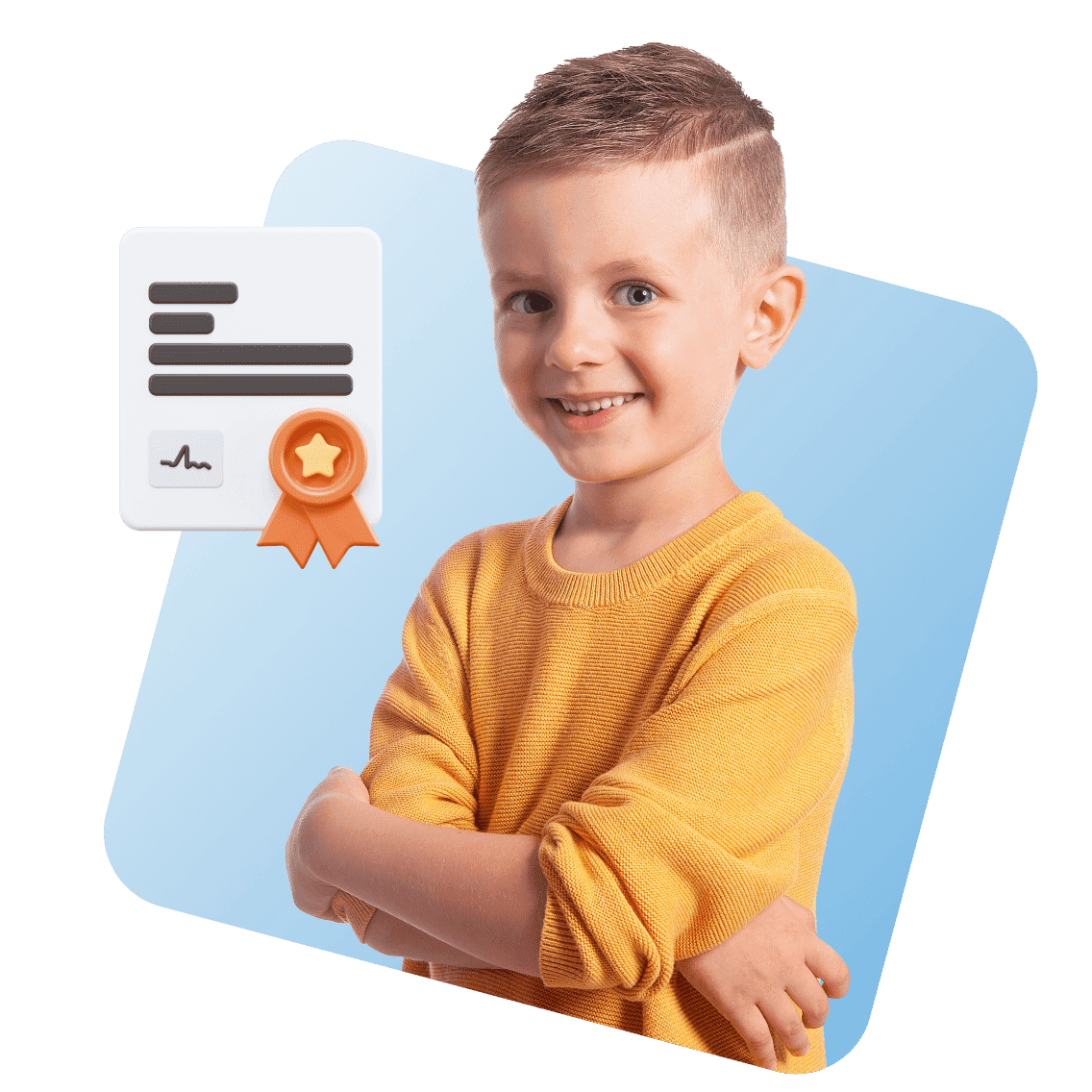 A young boy in a yellow sweater smiles confidently with arms crossed. Next to him is an icon of a certificate with a ribbon, suggesting achievement.