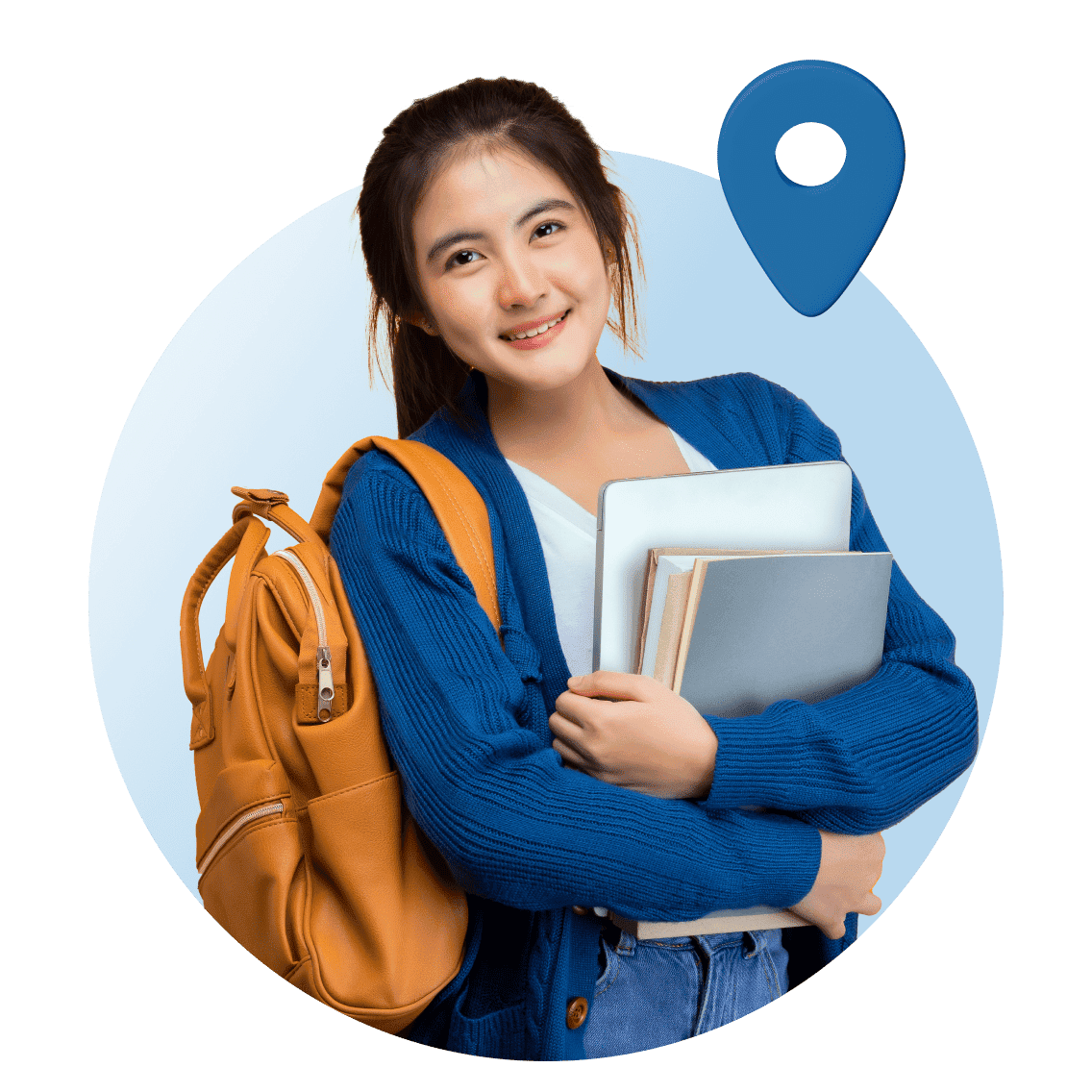 Smiling young woman in a blue sweater, holding books and a tan backpack. A blue location pin symbol is in the top right corner. Background is light blue.