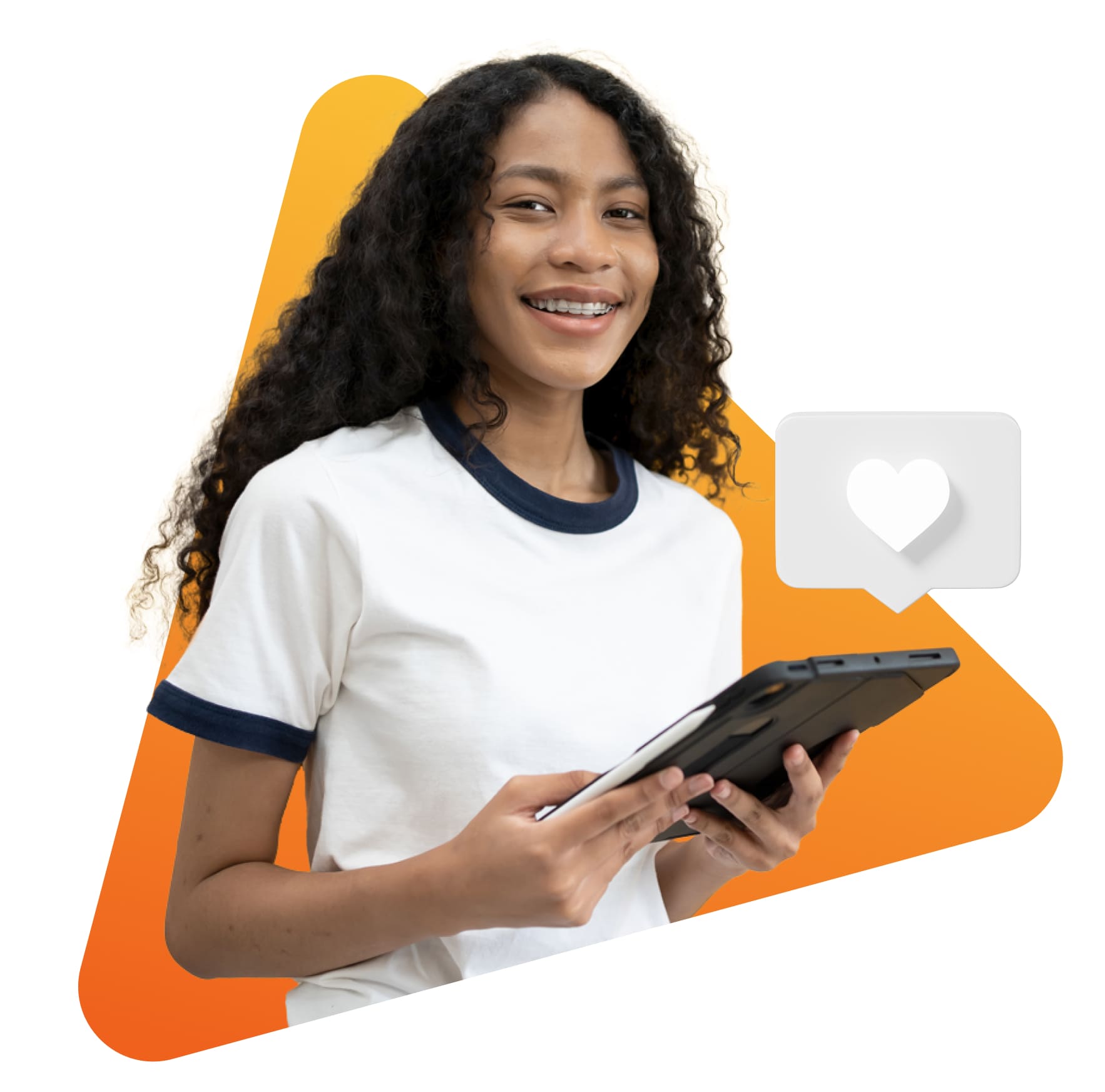 Smiling woman with long curly hair holds a tablet, wearing a white and black shirt. An orange triangle and a heart icon in a speech bubble are in the background.