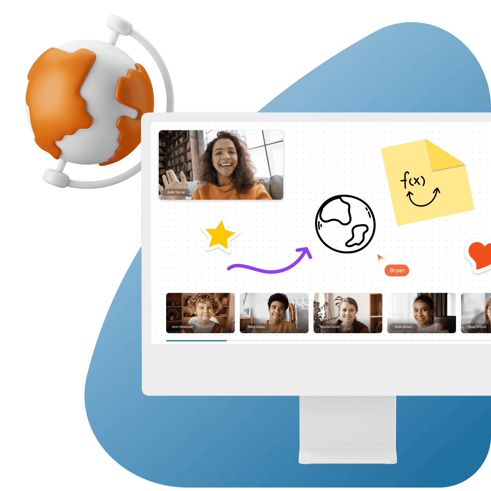 A vibrant illustration of a video call on a computer screen with diverse, smiling people. Overlay includes a globe, star, heart, and sticky note icons. A 3D rotating globe is in the top left, adding a global, connected feel.