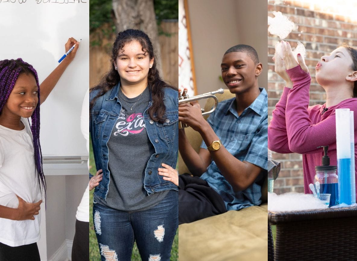 A collage of four diverse individuals: a girl smiling at a whiteboard, a girl posing outdoors, a boy with a trumpet, and a girl blowing bubbles.