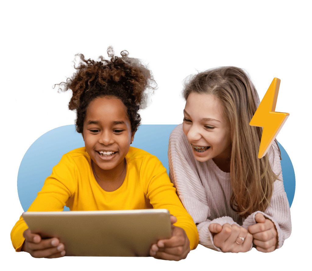 Two children smiling and looking at a tablet. One in a yellow shirt with curly hair, the other with braces, a lightning bolt graphic nearby, on a blue background.