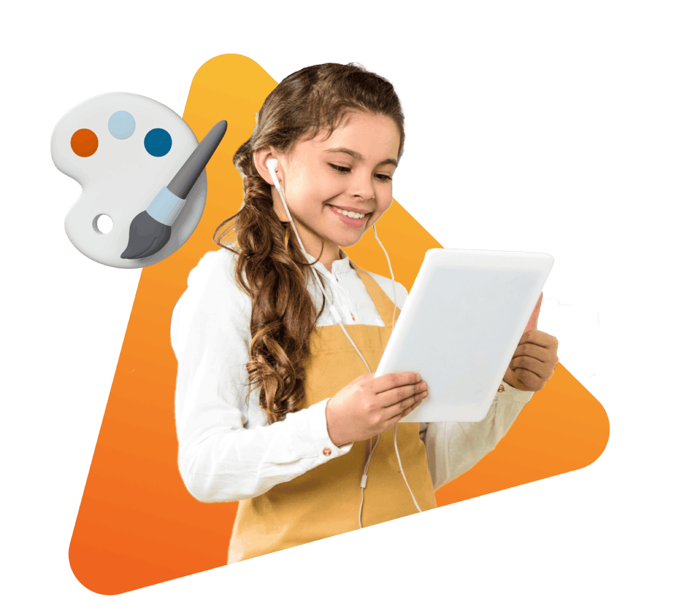 A young girl wearing earphones smiles while holding a tablet against an orange triangular background. A painter's palette and brush emoji are nearby, suggesting creativity.