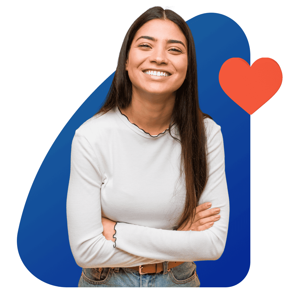 Smiling woman with long hair in a white top, arms crossed, against a blue background. A red heart icon is on the right, conveying warmth and positivity.