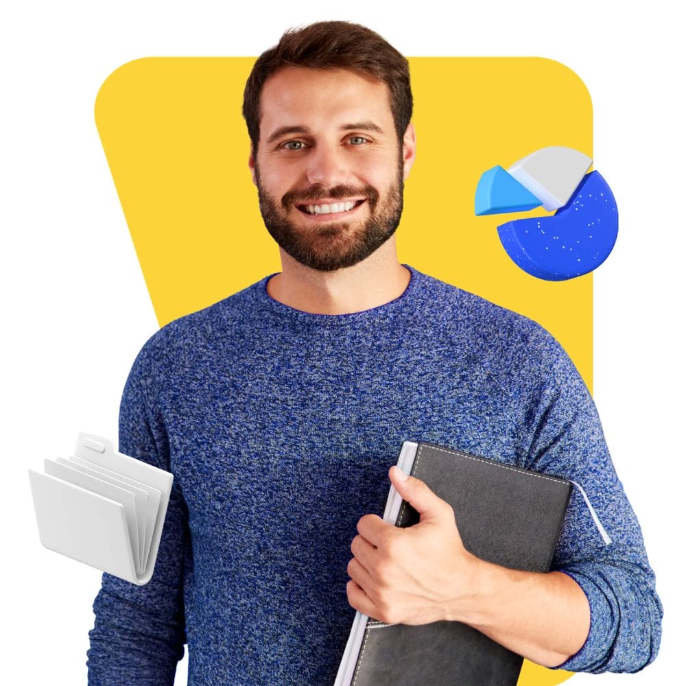 A man in a blue sweater smiles warmly, holding a black folder. Behind him, a yellow background features a pie chart and document icons, suggesting business or educational themes.