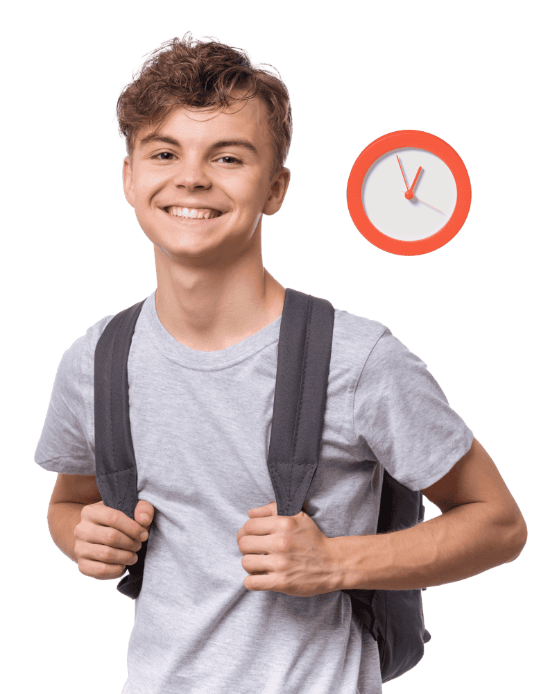 Smiling young person wearing a gray shirt and backpack. A red clock is in the background, suggesting time management or student life.