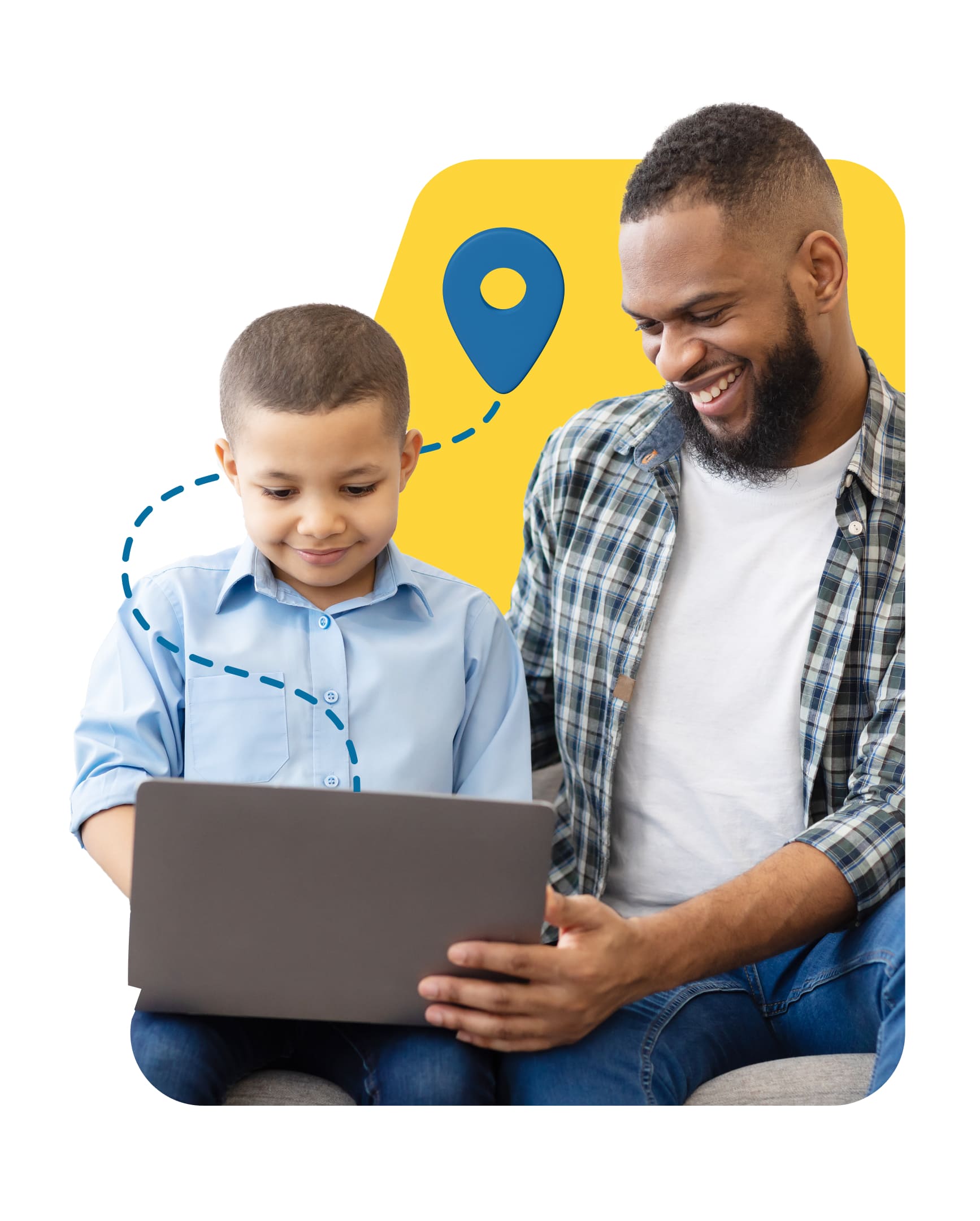 Father and son smiling while using a laptop, set against a yellow background with a map pin icon, symbolizing navigation or location.