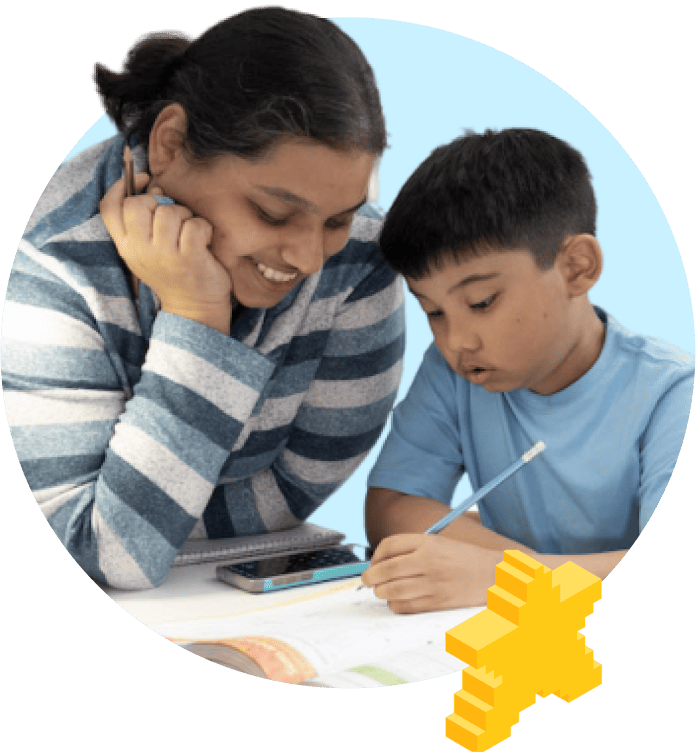 A woman and young boy share a focused moment over a workbook, the boy writing with a pencil. Both appear engaged and content in a supportive learning environment.