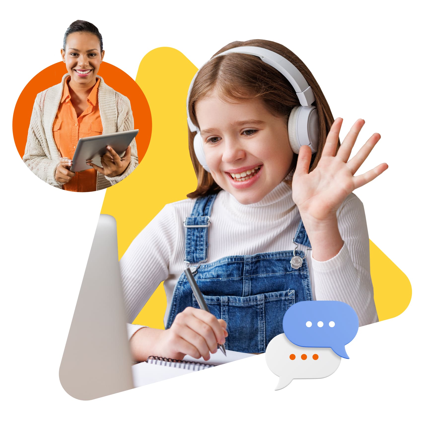 A smiling girl in headphones waves while video chatting on a laptop. An adult with a tablet is shown in an inset circle. Speech bubbles are present.