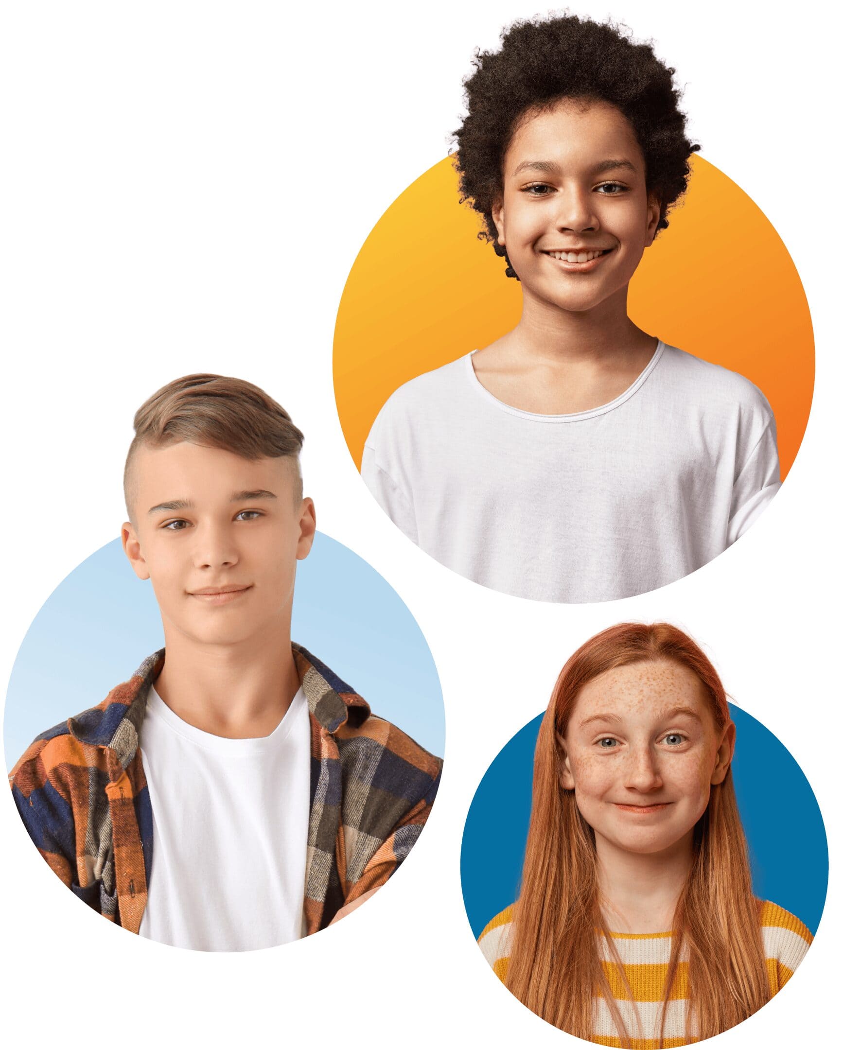 Smiling portraits of three children in colored circles: a curly-haired person in orange, a child with short hair in blue, and a freckled person in striped sweater in dark blue.