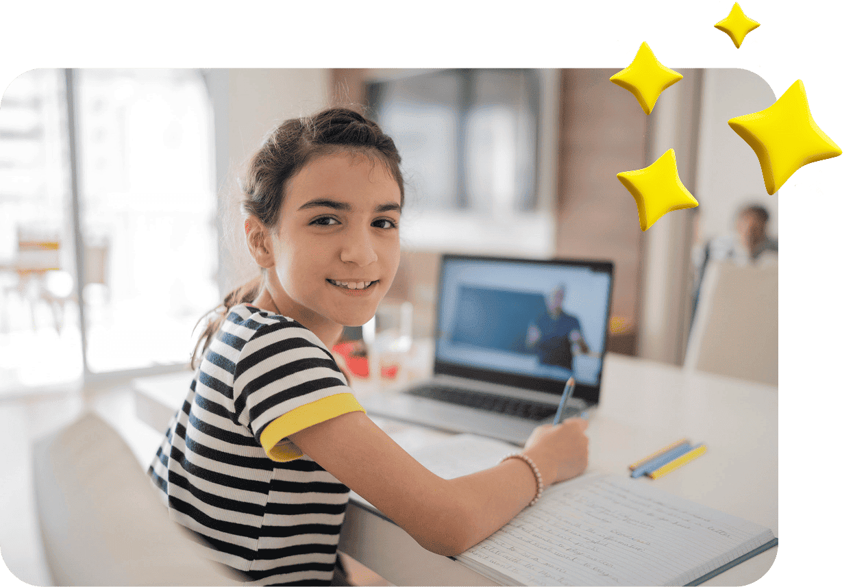 Girl in a striped shirt smiles while writing in a notebook, with a laptop showing a teacher in the background. Bright ambiance with star graphics.