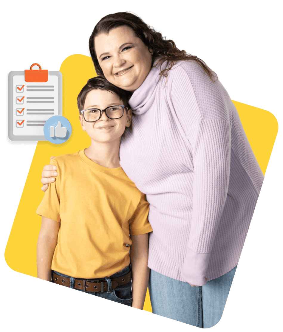 A smiling woman in a lavender sweater embraces a boy in a yellow shirt. A checklist and thumbs-up icon are on the left. The background is yellow.