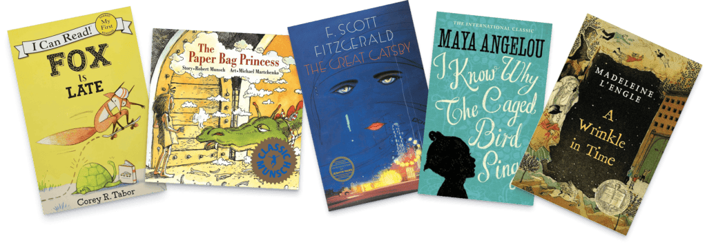 A vertical arrangement of five book covers. Titles include "Fox Is Late," "A Wrinkle in Time," "The Great Gatsby," "I Know Why the Caged Bird Sings," and "The Paper Bag Princess." Each cover features unique illustrations and typography, capturing various themes from whimsical to classic literature.