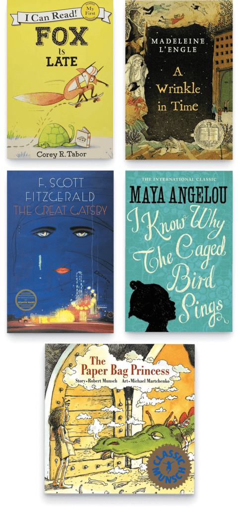 A vertical arrangement of five book covers. Titles include "Fox Is Late," "A Wrinkle in Time," "The Great Gatsby," "I Know Why the Caged Bird Sings," and "The Paper Bag Princess." Each cover features unique illustrations and typography, capturing various themes from whimsical to classic literature.