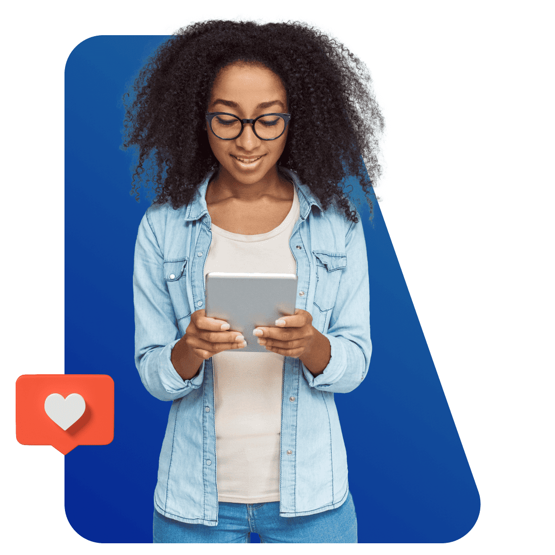 A woman with glasses and curly hair, wearing a denim jacket, smiles while using a tablet. A red heart notification icon appears, set against a blue background.