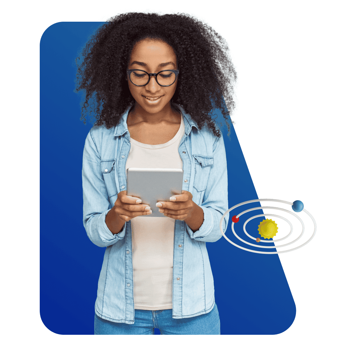 A person with curly hair and glasses, wearing a denim shirt, smiles while using a tablet against a blue background. A small solar system graphic is nearby.