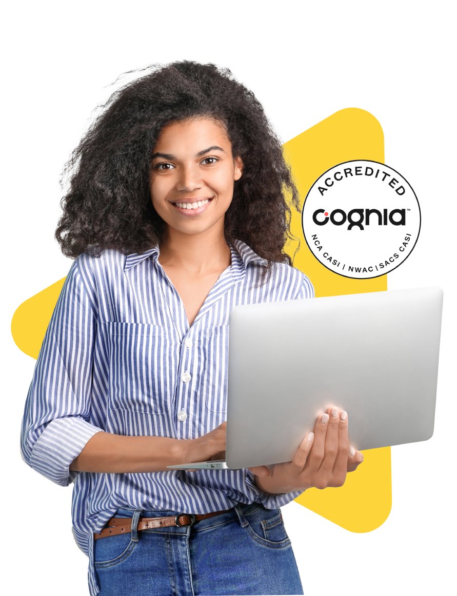 Young woman with curly hair smiles while holding a laptop, wearing a striped shirt and jeans. The image features a "Cognia Accredited" badge with a yellow background, conveying a professional and positive tone.