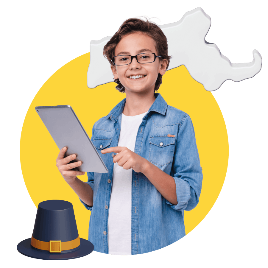 Smiling child with glasses holds a tablet, wearing a denim shirt. A Massachusetts map and a Pilgrim hat are in the background. Bright and cheerful tone.