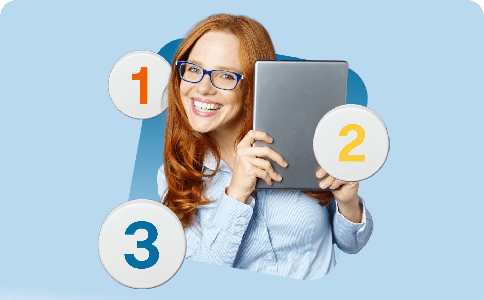 Smiling woman with red hair and blue glasses holds tablet against light blue background. Numbered circles labeled 1, 2, 3 are arranged around her.