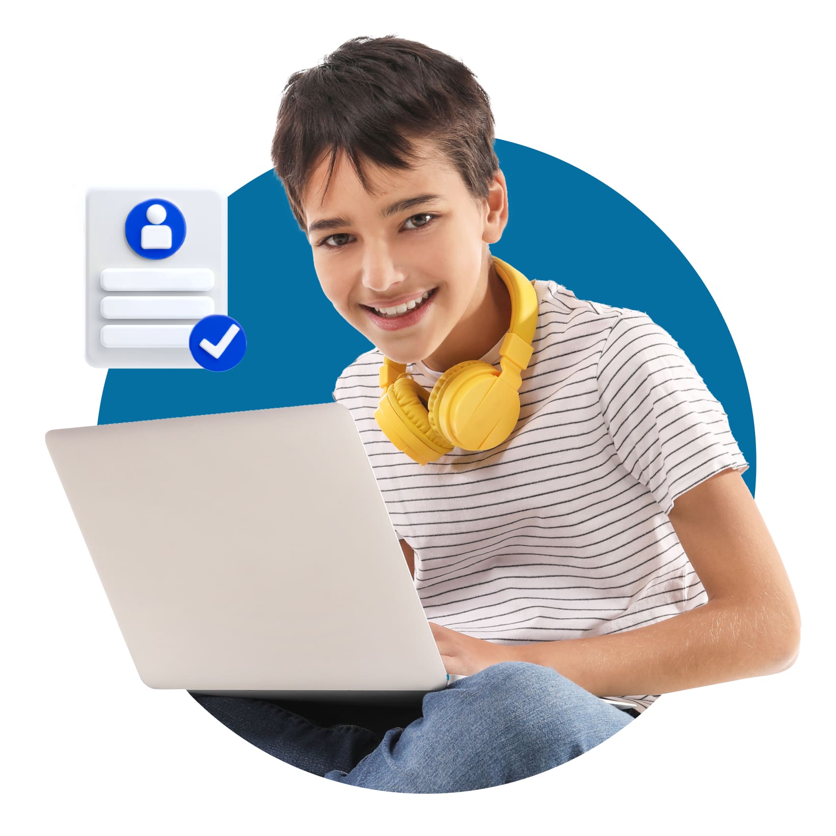 A smiling young person with headphones uses a laptop. A profile icon with a checkmark floats nearby, conveying a sense of connectivity and technology.