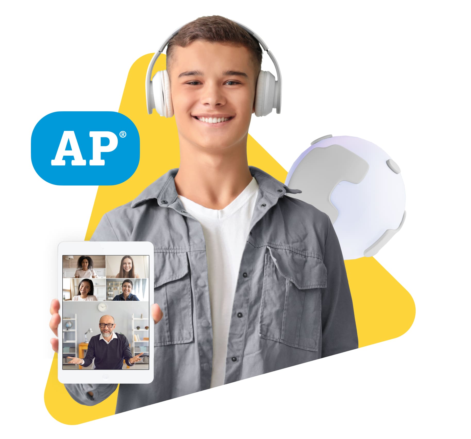 Smiling teen wearing headphones, holding tablet showing a video call. AP logo on left, abstract shapes in background. Education, digital learning.