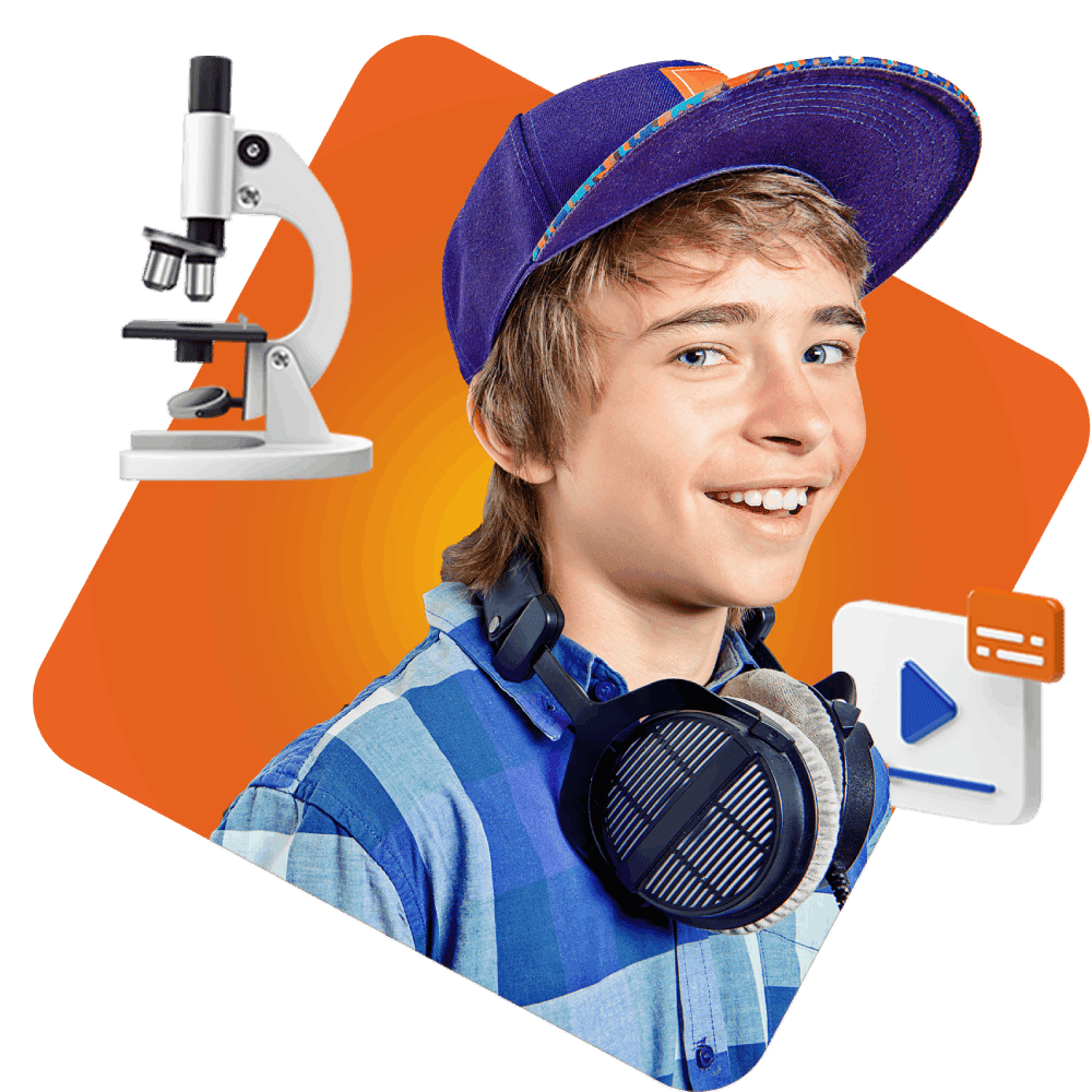 Young boy in a blue plaid shirt and purple cap smiles with headphones on neck. Background includes a microscope and play button, set against an orange backdrop.