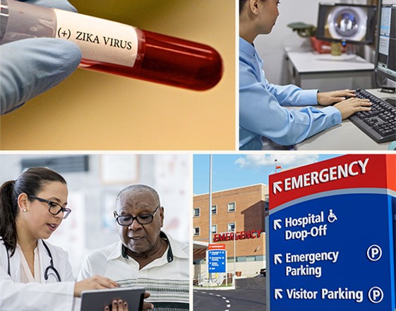 A collage depicting medical themes: a test tube labeled "Zika Virus," a person at a computer, a doctor consulting with a patient, and an emergency room entrance.