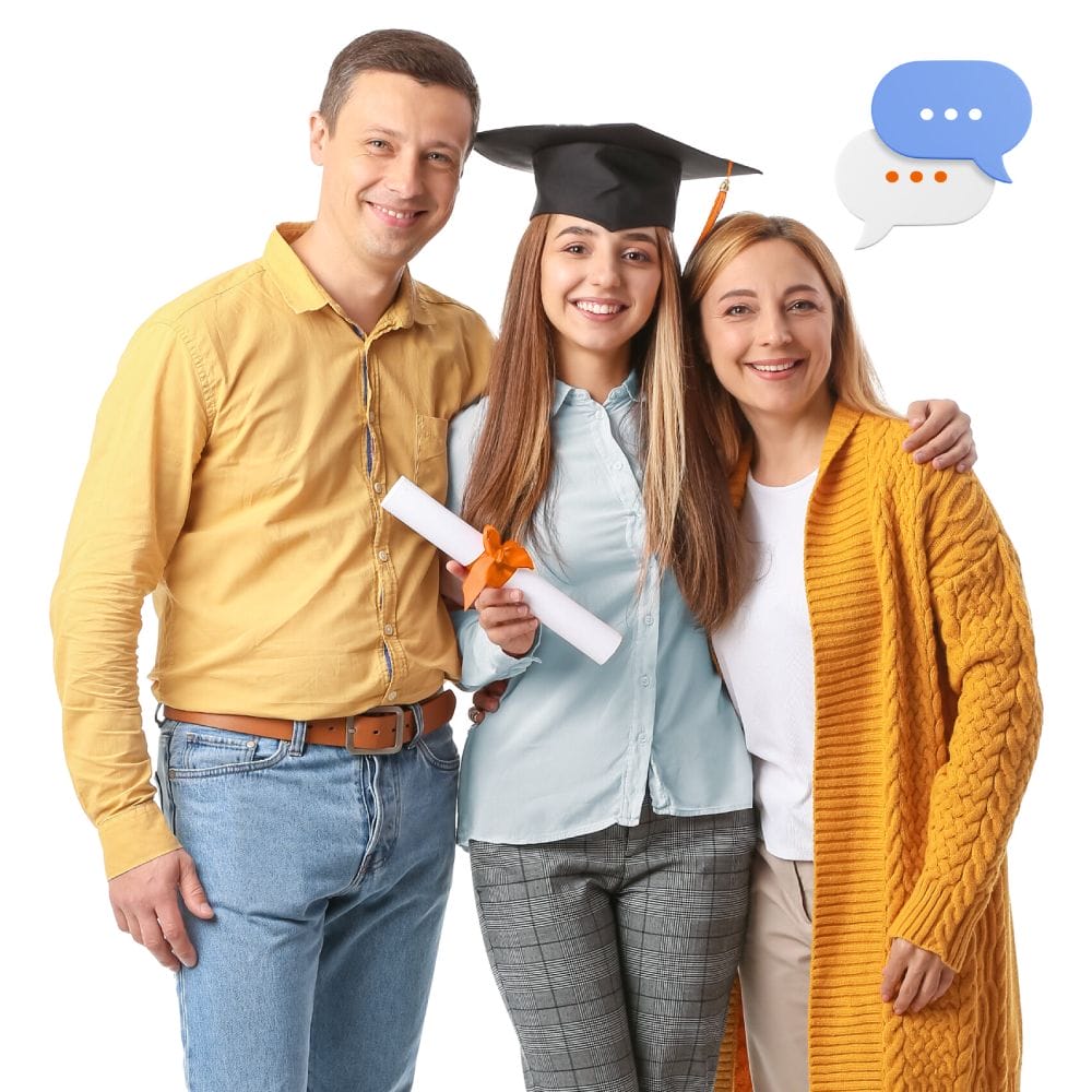 A young woman in a graduation cap holds a diploma, standing happily between a man in a yellow shirt and a woman in a yellow cardigan. Speech bubbles appear above them.